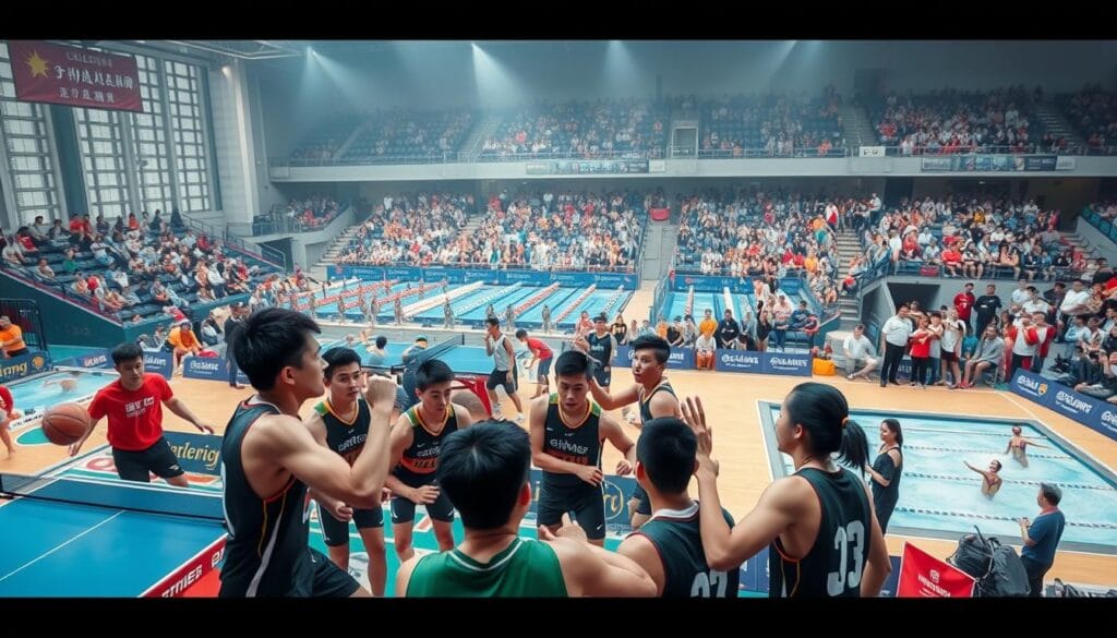 A bustling scene of competitive sports in China, captured through a wide-angle lens. In the foreground, a group of athletes engage in a intense basketball match, their faces determined as they jockey for the ball. The middle ground showcases a diverse array of sports, from table tennis players engaged in a furious rally, to swimmers slicing through pristine pools, to gymnasts performing acrobatic feats. In the background, a sea of spectators fills the stands, their cheers and applause creating an electrifying atmosphere. The lighting is crisp and natural, highlighting the vibrant colors of the athletes' uniforms and the energy of the event. An atmospheric haze adds a sense of scale, conveying the sheer scale and popularity of sports in China.