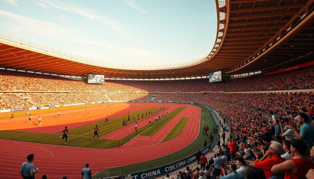 A grand stadium in China, bathed in golden afternoon light. On the field, athletes compete in a historic track and field event, their powerful strides capturing the spirit of athletic excellence. In the stands, passionate spectators cheer, their faces alight with national pride. The scene is framed by proud, soaring architecture, a testament to China's rich sporting heritage. The image conveys a sense of momentous achievement, a celebration of the nation's athletic triumphs, both past and present.